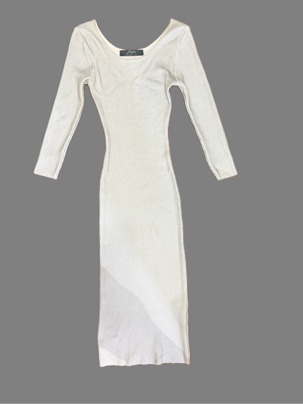 Ziegler Silver Ribbed Knit Shimmer Midi Dress Long Sleeve Bodycon S